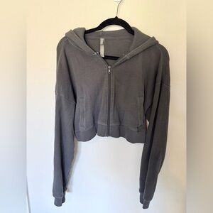 Skims Cropped Waffle Knit Full Zip Hoodie in Grey